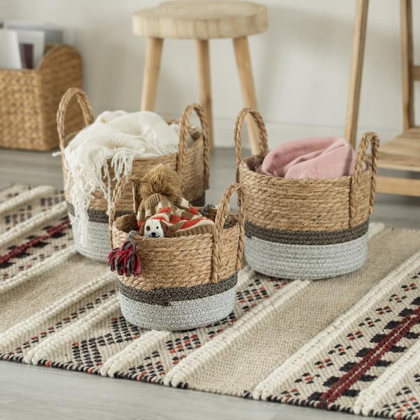 Vintiquewise QI004174.3 Straw Decorative Round Storage Basket Set of 3 with Woven Handles for The Playroom, Bedroom, and Living Room
