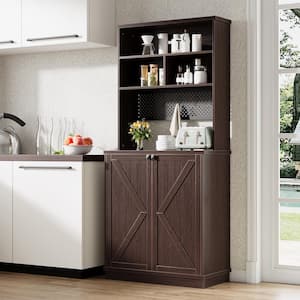 Keenyah Dark Walnut 70.86 in. Kitchen Pantry Cabinet with Microwave Stand, FarmhouseTall Bar Cabinet for Dining Room