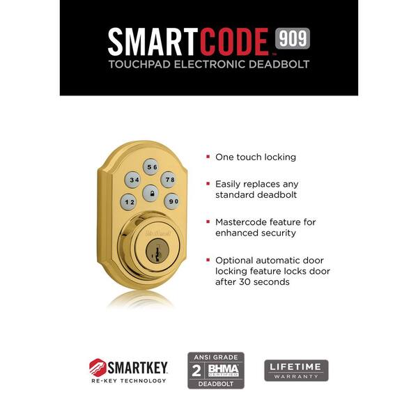 Kwikset 909 L03 SMT CP SCR SmartCode Polished Brass Electronic Deadbolt for sale online 