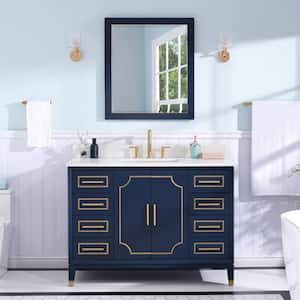 28 in. W x 32 in. H Rectangular Wood Framed Beleved Wall Bathroom Vanity Mirror in Navy Blue, Vertical / Horizontal Hang