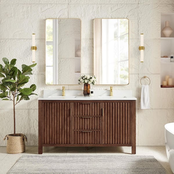 Shenzhen 60 in.W x 22 in.D x 33.9 in.D Double Bath Vanity in Aged Dark Brown Oak with White Engineered Stone Top
