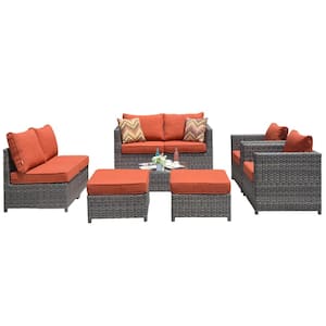 Ontario Lake Gray 9-Piece Wicker Outdoor Patio Conversation Seating Set with Orange Red Cushions