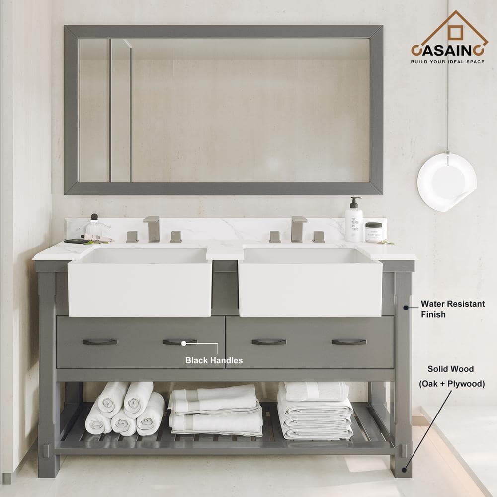 60'' Gray Solid Wood Double Bathroom Vanity with Quartz Top and Mirror