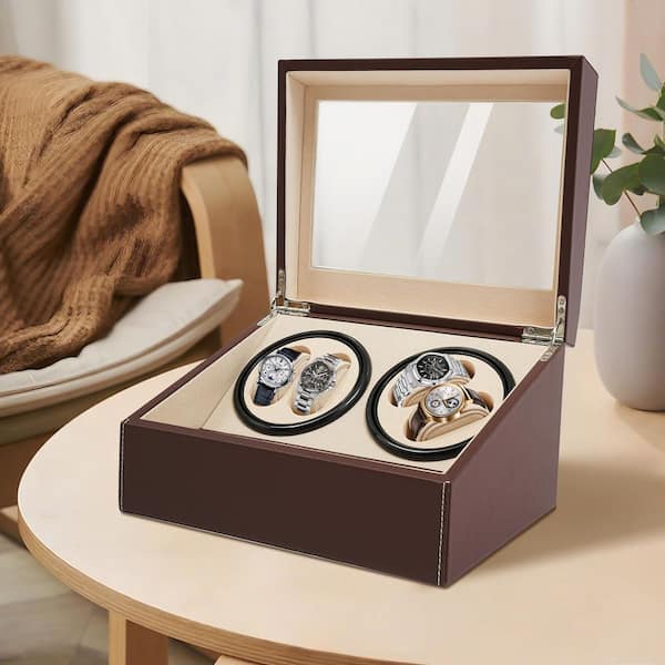 Brown Leather Automatic Watch Winder 4 plus 6 Watch Storage Box