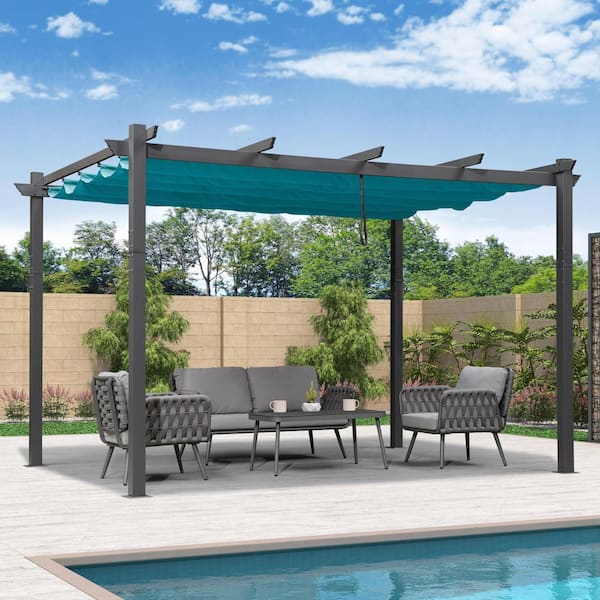 PURPLE LEAF 11 ft. W x 13 ft. D Outdoor Gray Aluminum Pergola with Blue Adjustable Fade-Resistant Sun Shelter Canopy for Pavilion