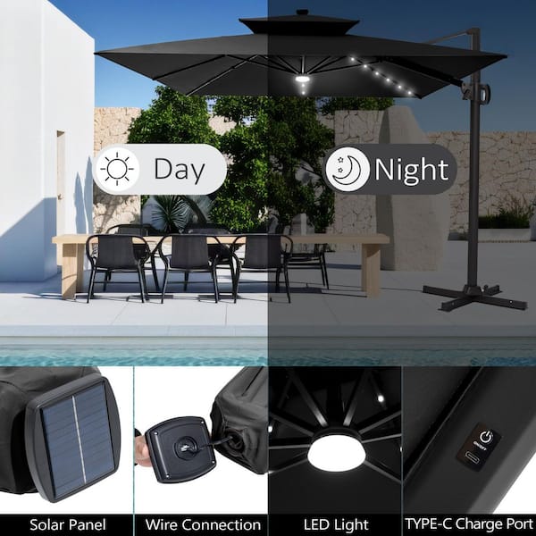 Solar LED Double Top 9 ft. x 11 ft. Outdoor Cantilever 360° Rotation Tiltable Patio Umbrella in Black with Base