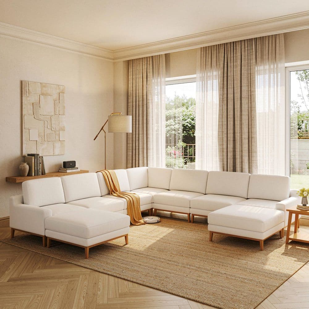 Solid Wood Modular 156 in. Track Arm Fabric 9-Piece 7 Seater Sectional Sofa with Ottoman Heavy-Duty for Family in White