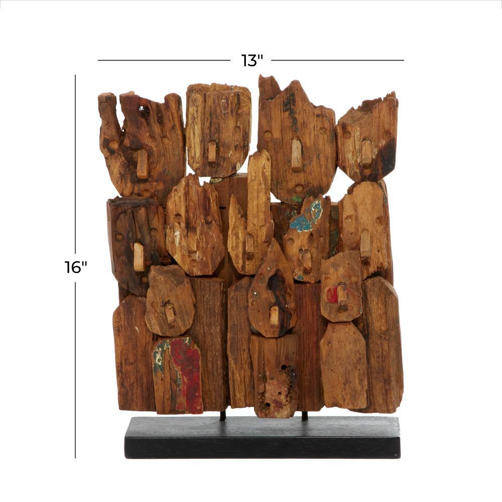 Brown Teak Wood Handmade Carved Abstract Sculpture with Faces