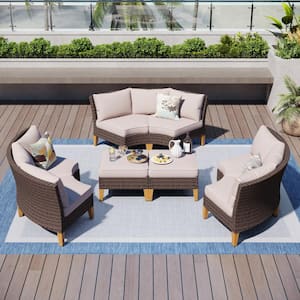Brown Rattan Wicker 8 Seat 8-Piece Steel Outdoor Patio Conversation Set with Beige Cushions