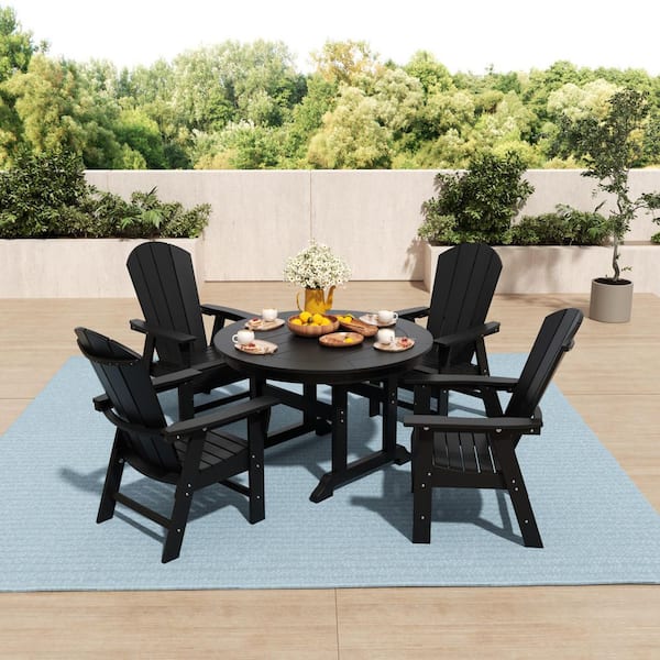 WESTIN OUTDOOR Laguna Outdoor Patio Adirondack Weather Resistant Black 5-Piece HDPE Plastic Round Table Dining Set