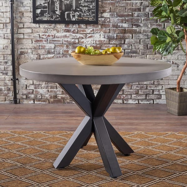 Noble House Teague White Concrete and Black Iron Round Dining Table