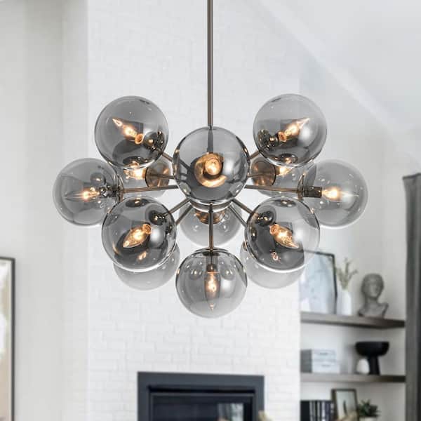 HUOKU Carla 13-Light 23.6 in. W Brushed Nickel Modern Chandelier with Bubble Cluster Mirrored Smoky Glass for Living Rooms