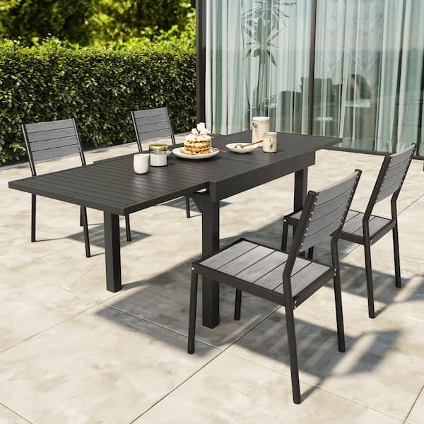 Pellebant 5-Piece Gray Aluminum Patio Outdoor Dining Set with Extension Rectangular Table and Wood-Like Stacking Armless Chairs