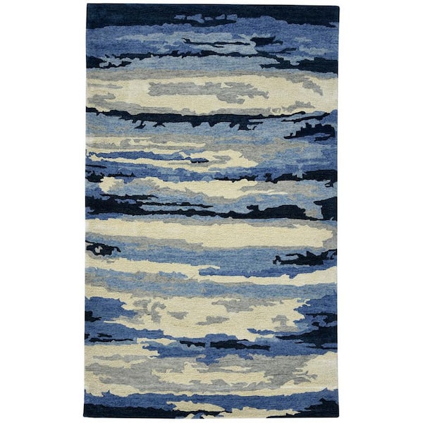 9 ft. x 13 ft. Navy Blue Ivory And Gray Wool Abstract Hand Tufted Area Rug