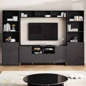 Modern Black TV Stand Fits TV's up to 70 in. with 13 Shelves, Fluted Line Surface