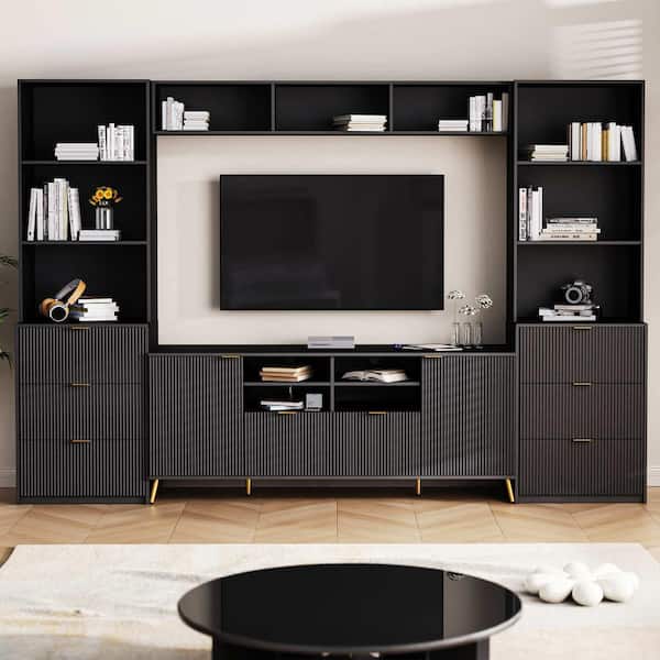 Modern Black TV Stand Fits TV's up to 70 in. with 13 Shelves, Fluted Line Surface