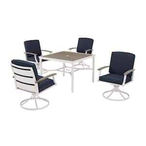 Marina Point 5-Piece White Steel Outdoor Dining Set with CushionGuard Midnight Blue Cushions and Painted Steel Tabletop