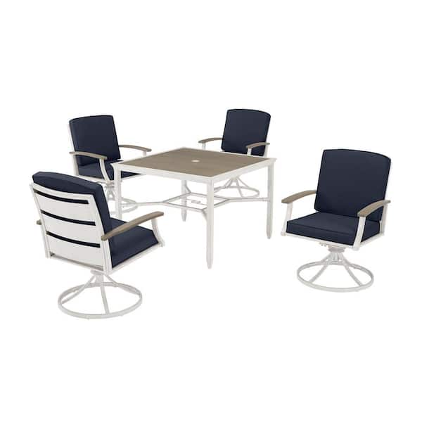 Hampton Bay Marina Point 5-Piece White Steel Outdoor Dining Set with CushionGuard Midnight Blue Cushions and Painted Steel Tabletop