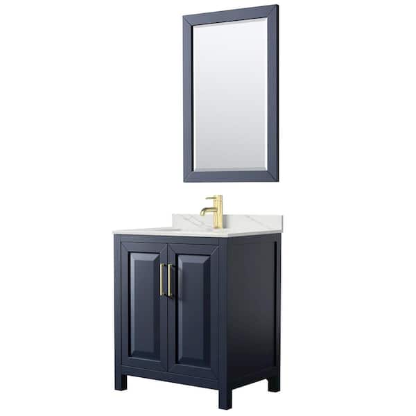 Wyndham Collection Daria 30 in. W x 22 in. D x 35.75 in. H Single Bath Vanity in Dark Blue with Giotto Quartz Top and 24 in. Mirror