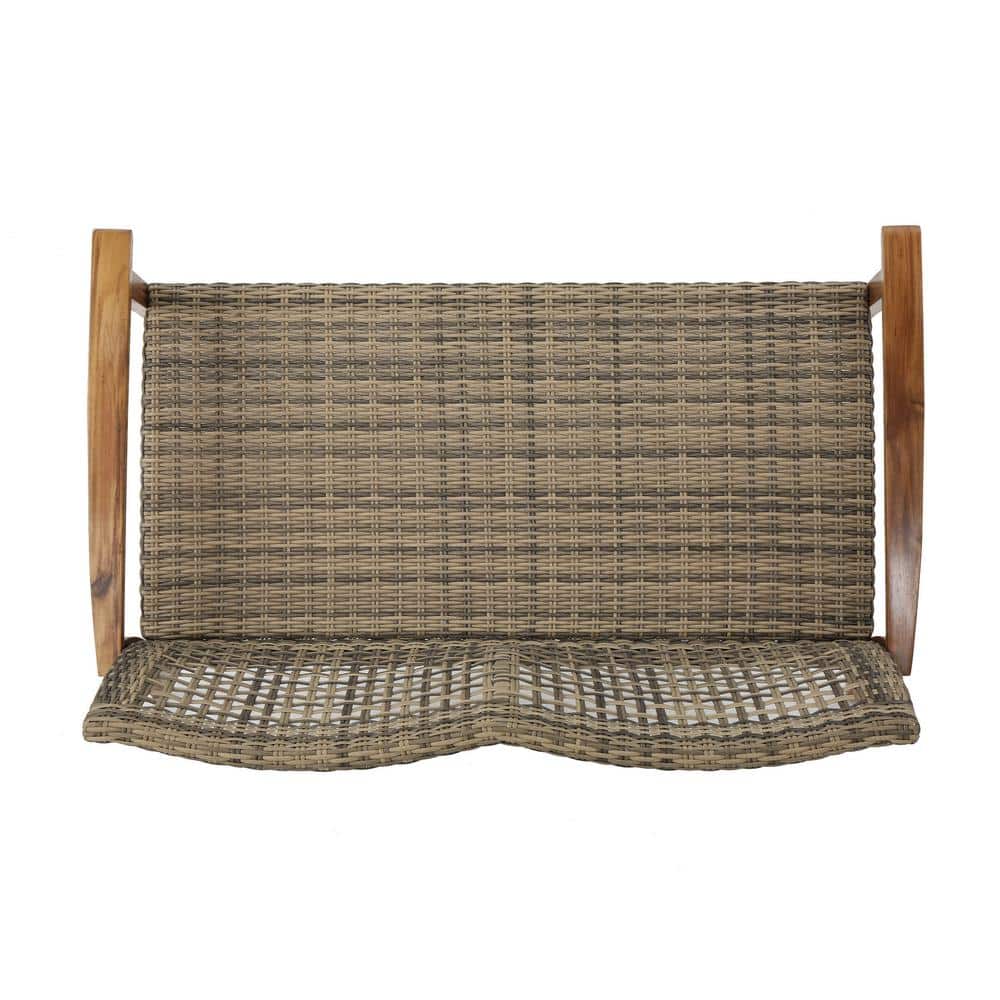 Natural Stained Wood and Wicker Outdoor Loveseat with Arms
