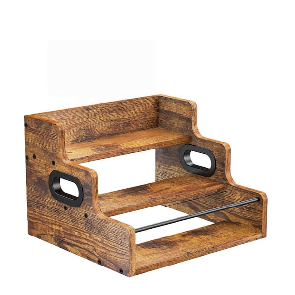 9.25 in. H x 16 in. W 12-Bottle Brown Wood Bar Shelf, Coffee Syrup Rack Organizer, 3 Step Countertop Liquor Wine Rack