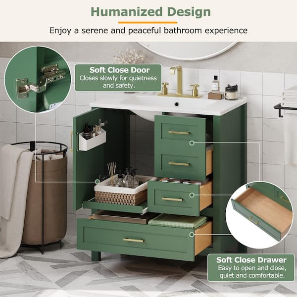 30 in. W Single Sink Freestanding Green Bath Vanity with White Ceramic Top Removable Tray (Unassembled)