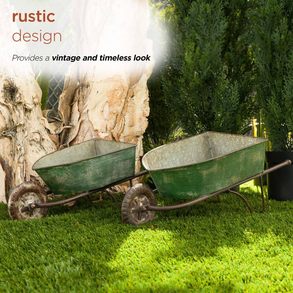 Set of 2 Green Rustic Iron Wheelbarrow Planters