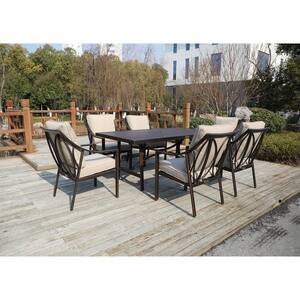 7-Piece Aluminum Rectangular Patio Outdoor Dining Set with Beige Cushions and 6 Dinning Chairs