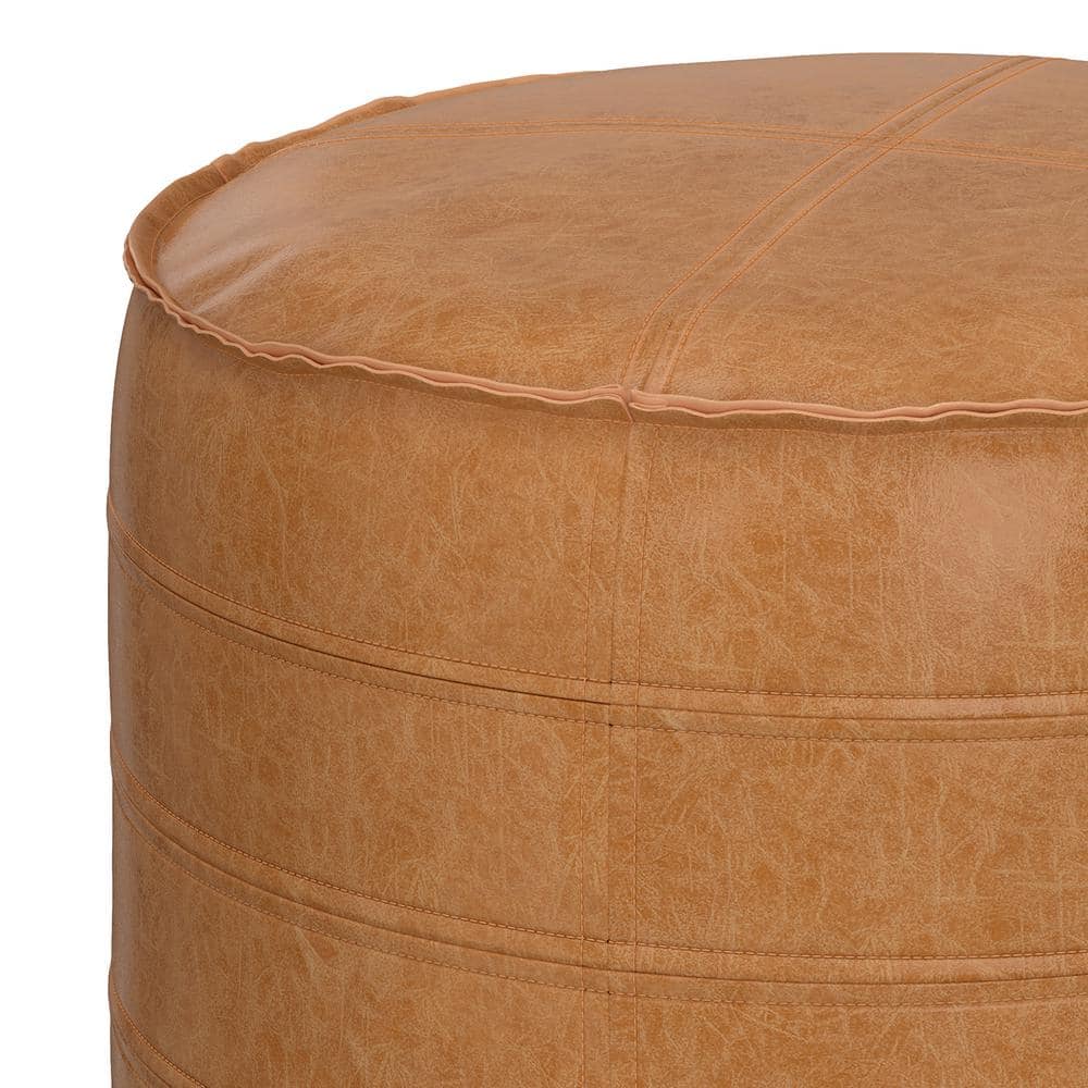Brody 20" Round Distressed Brown Vegan Faux Leather Pouf