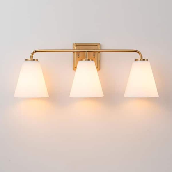 Aria 24 in. 3-Light Gold Vanity Light with Frosted White Cone Glass Shades for Bathroom