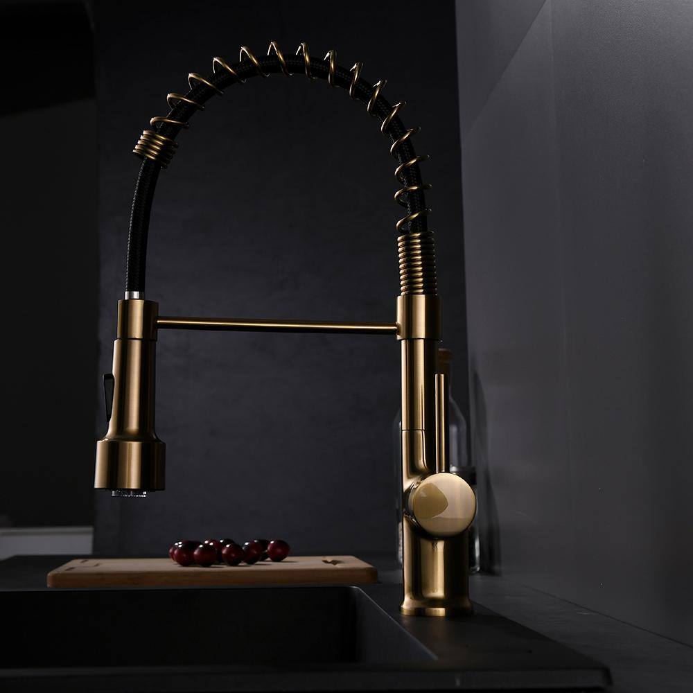 Brushed Gold Single Handle Pull Down Kitchen Faucet with LED