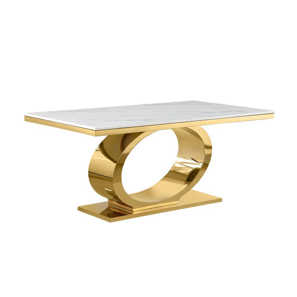 Cream and Gold Marble Top Pedestal Dining Set with 4 Chairs