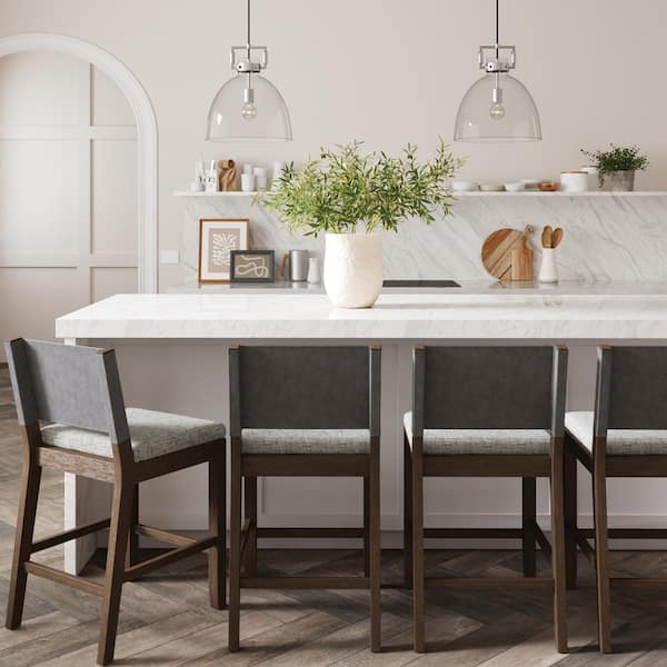 Linus 36 in. Modern Wood Counter Height Bar Stool with Faux Leather Back and Ivory Upholstered Fabric Seat, Set of 4