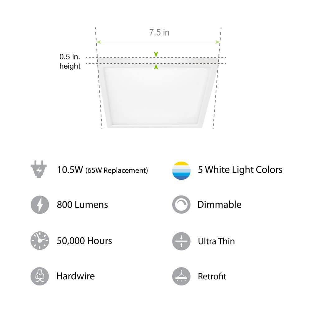 White Aluminum 7.5" Square Flat Panel LED Light