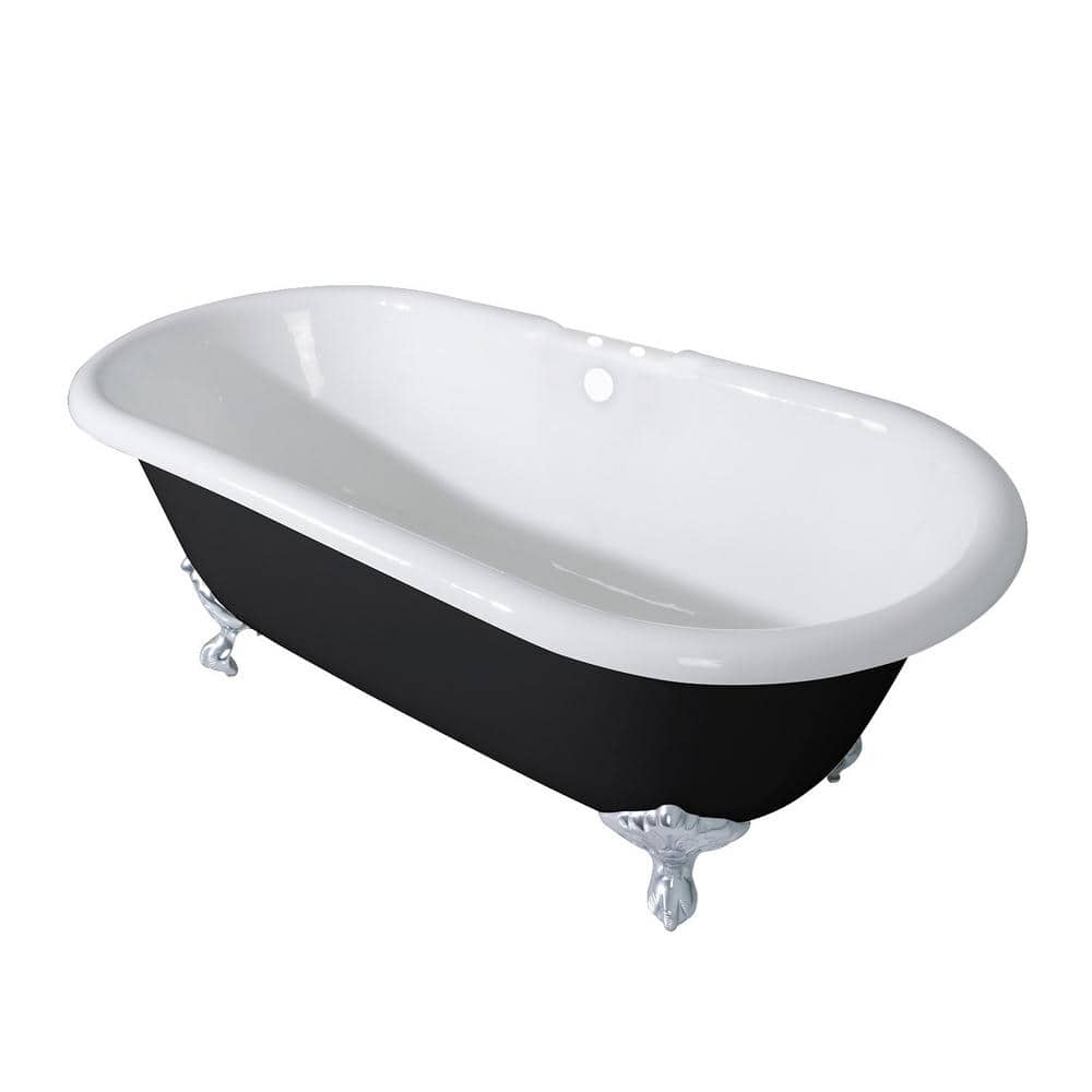 Classic 66-Inch Black and White Cast Iron Clawfoot Bathtub with Polished Chrome Feet