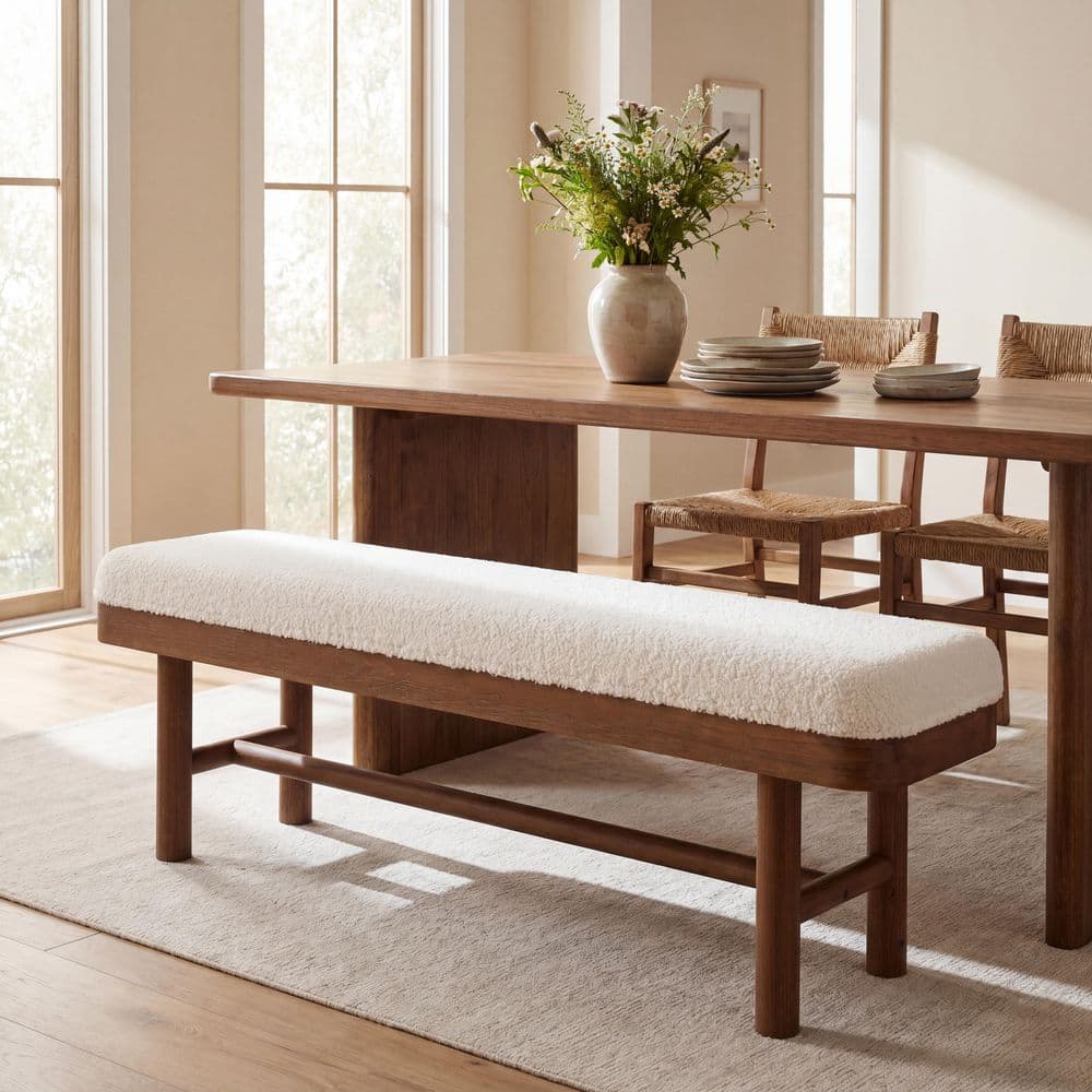 55.12 in. W White and Brown Solid Wood Dining Bench with Removable Cushion, Cushioned Dining Bench