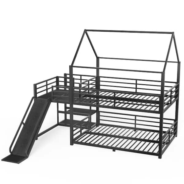 Nestfair Black Metal Full over Full Bunk Bed with Storage Stairs, Slide ...