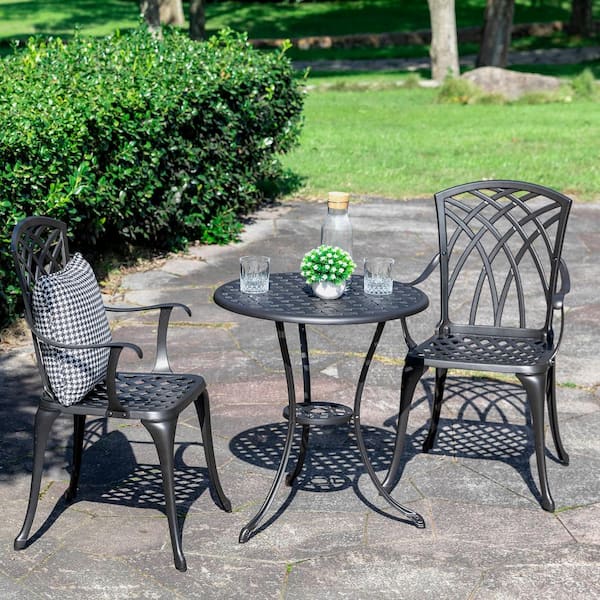 Nuu Garden 3 Piece Cast Aluminum, Outdoor Bistro Table And Chairs Black