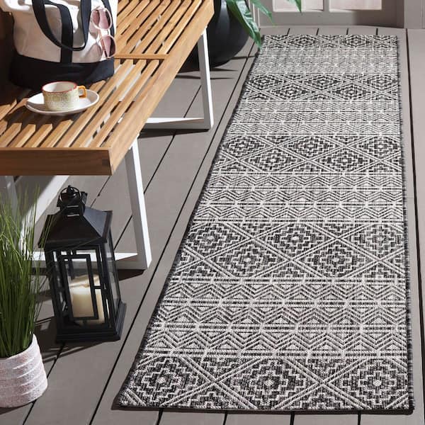 Courtyard Black/Gray 2 ft. x 14 ft. Tribal Diamond Chevron Indoor/Outdoor Runner Rug