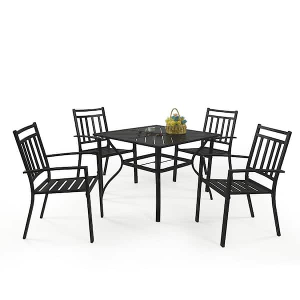 MEOOEM Outdoor Furniture 5 Piece Patio Dining Set, Slat Top Bistro Table with 2.25" Umbrella Holes& 4 Patio Stackable Chairs