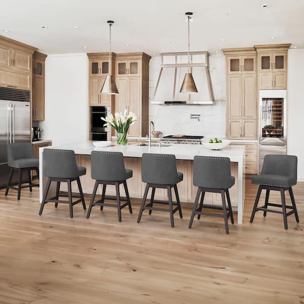 OrangeOne 26" Wood 360 Free Swivel Upholstered Bar Stool with Back, Performance Fabric in Charcoal Gray Set of 6