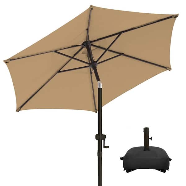 PASAMIC 7.5 ft. Market Patio Umbrella with Base and Push Button Tilt in Tan