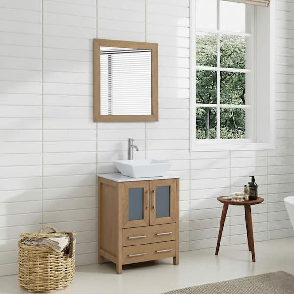 24 in. W Single Basin Natural Oak Bath Vanity with White Engineered Marble Top and Mirror
