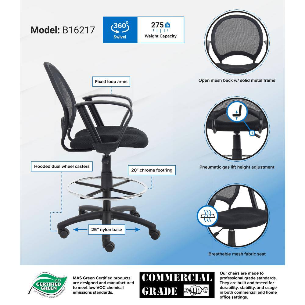 Black Mesh High Back Swivel Drafting Chair with Fixed Arms