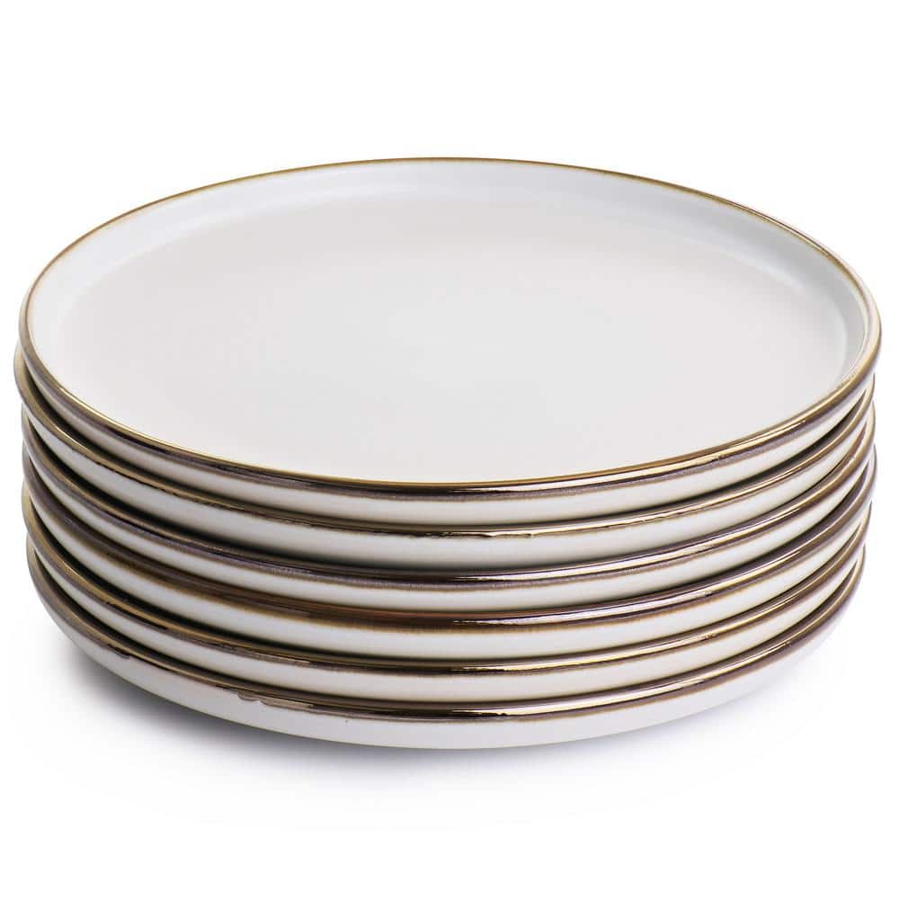Matte White Ceramic Salad Plates with Gold Rim, Set of 6