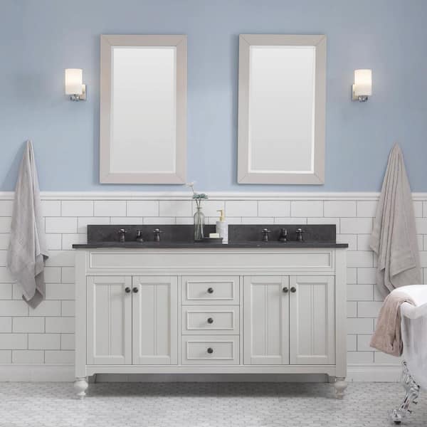 Water Creation Potenza 60 in. W x 33 in. H Vanity in Ivory Grey with Granite Vanity Top in Blue Limestone with White Basin and Mirrors