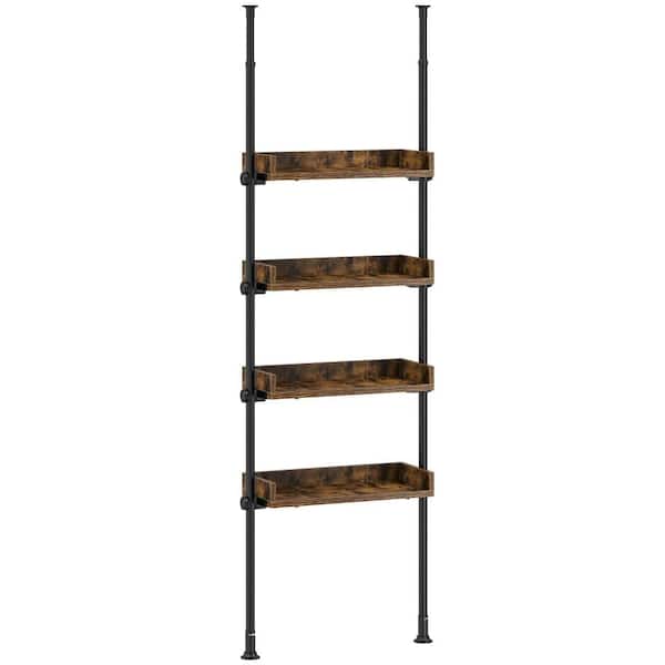 4-Tier Over The Toilet Bathroom Organizer, Adjustable Wood Shelves, 92 to 116 in. Tall, Narrow Cabinet, Rustic Brown