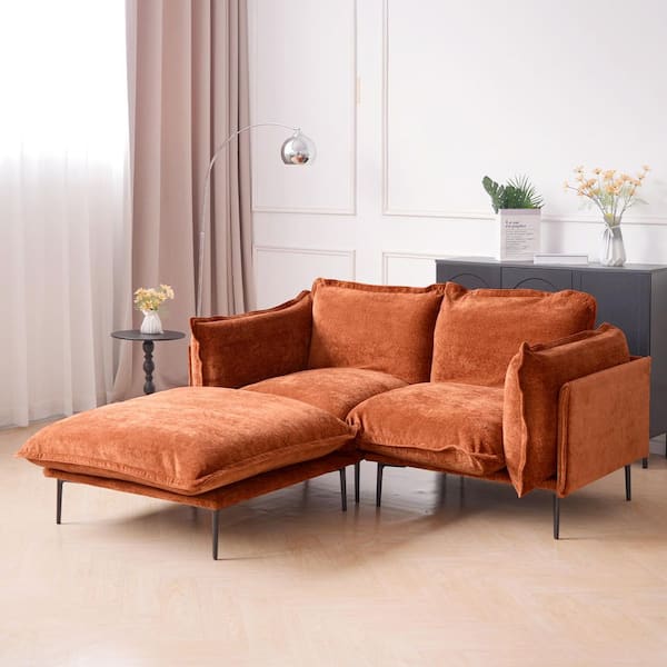 Robot Cleaner 75 in. Tapered Arm Velvet Loveseat Modular Sofa with Ottoman, High Legs for Small Space in Orange