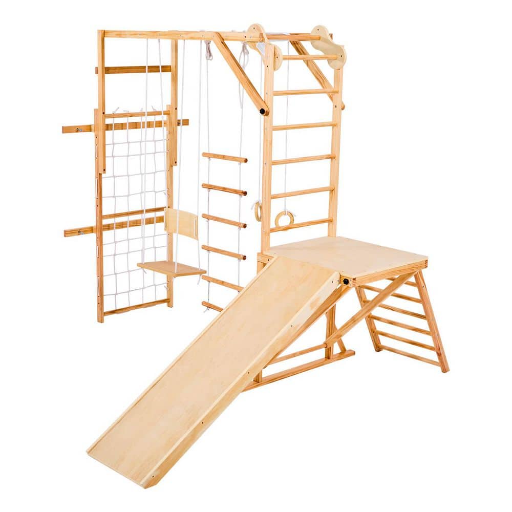 8-in-1 Wooden Indoor Playground for Kids, 220lbs. Capacity, Montessori Climbing Toys with Slide, Original Wood Color price history on PriceWatchPro