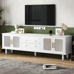 69.6 in. White TV Stand Fits TVs up to 78 in. with Fluted Glass Doors, 2-Drawers and Cabinets